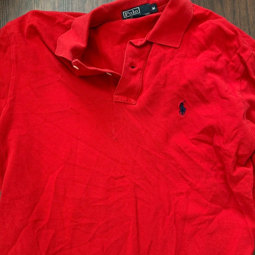 Red polo long sleeve collared shirt